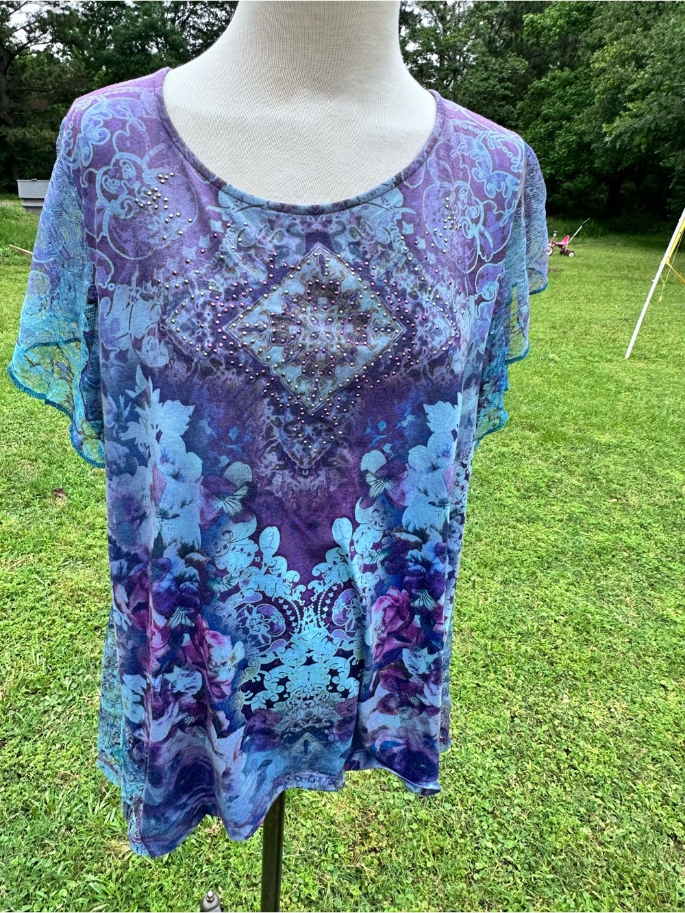 Boho Sheer Overlay Blouse | Purple & Blue Floral Print | Rhinestone Flowy Top